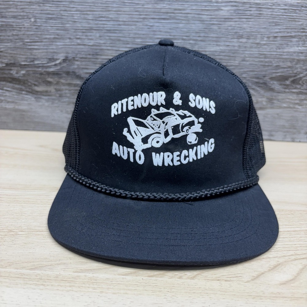 Vintage Ritenour & Sons Auto Wrecking Hat Cap Snap Back Black Trucker Mens 80s
